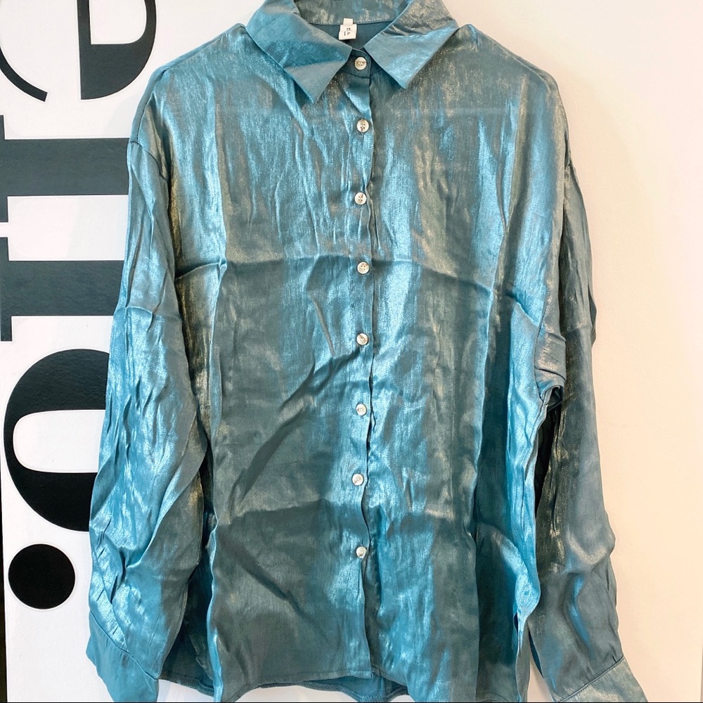 Oversized metallic shine button down shirt